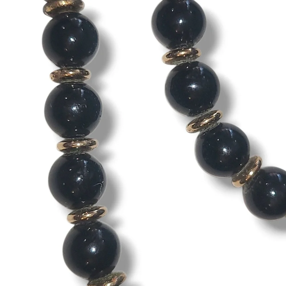Vintage Black Bead Necklace Gold Spacers Long 28in Plastic Screw Clasp‎